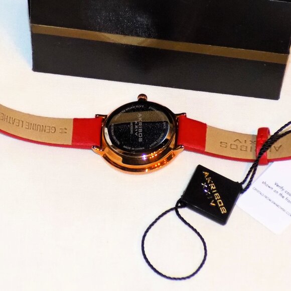 New $295 Tag Akribos XXIV Watch Swarovski Crystal Bezel, MOP Dial AK1093 Red - Picture 8 of 13